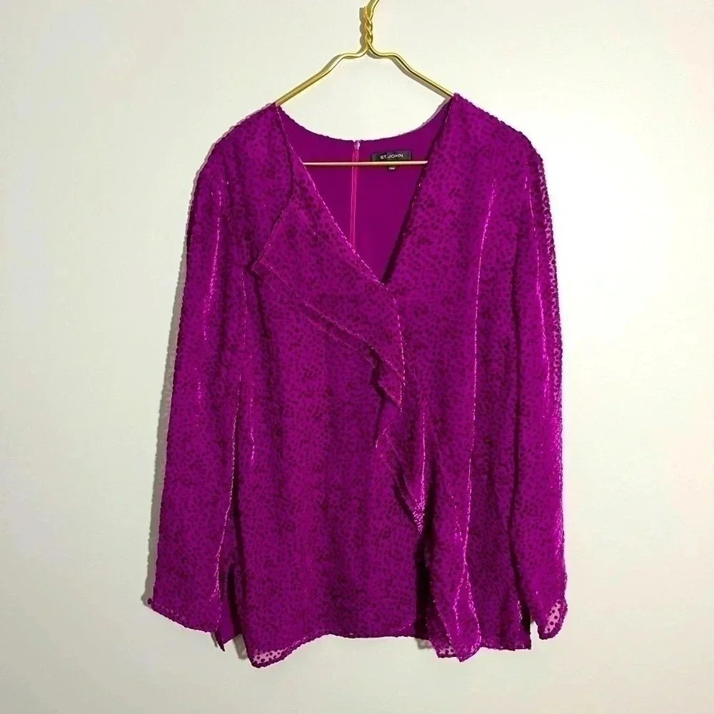 St John Magenta Purple Burnout Velvet Leopard Print Silk Blend Ruffle Blouse‎ L